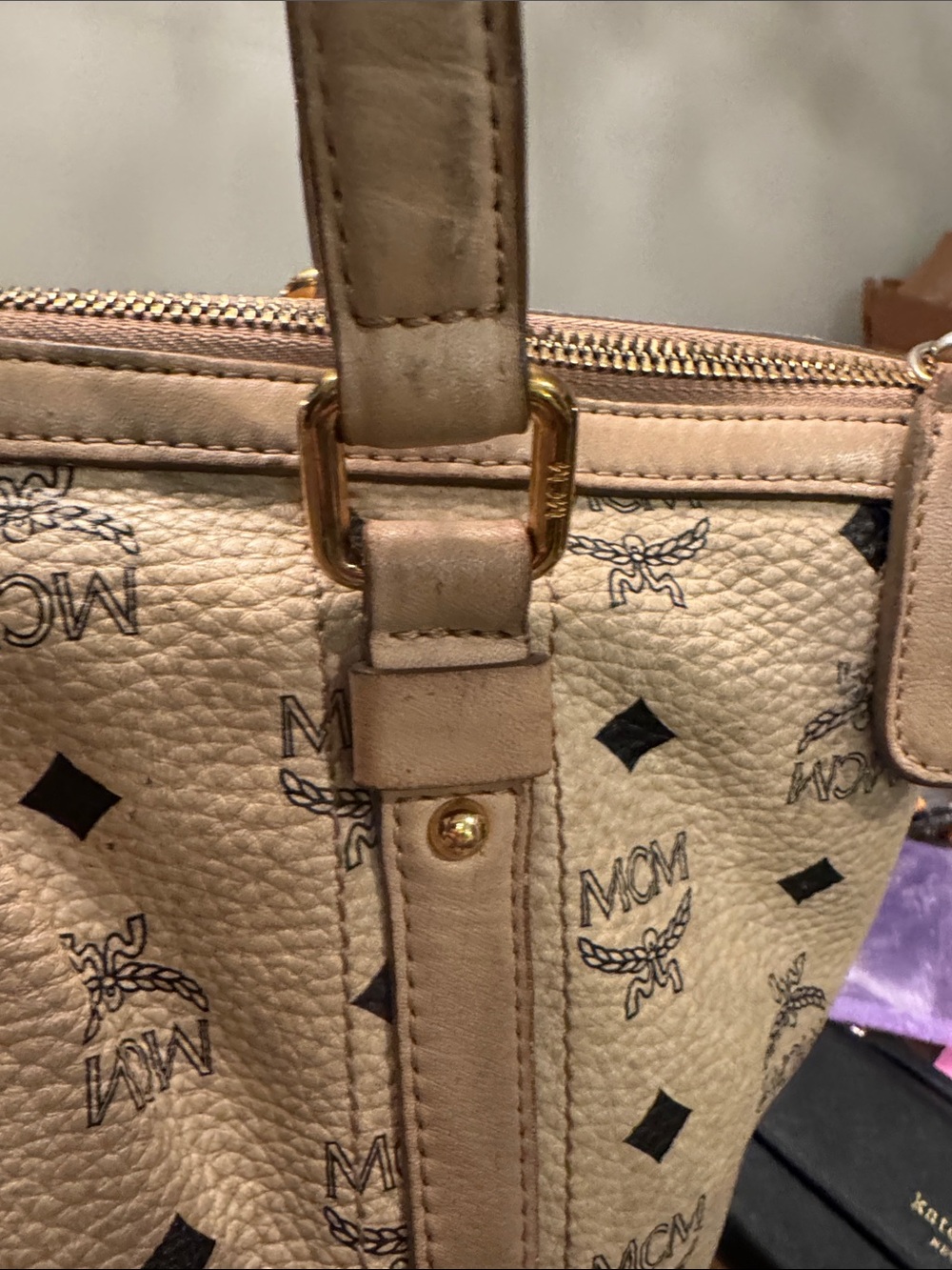 MCM Visetos Beige Monogram Shoulder Bag with Gold Hardware - Picture 7 of 14